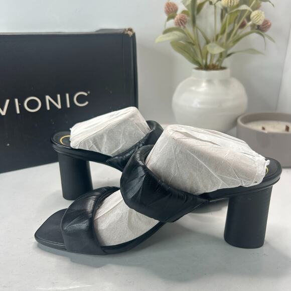 Vionic Emaline Mule Heel Ruched Leather Strappy Sandals Black Women 7M Tried On - Picture 6 of 10